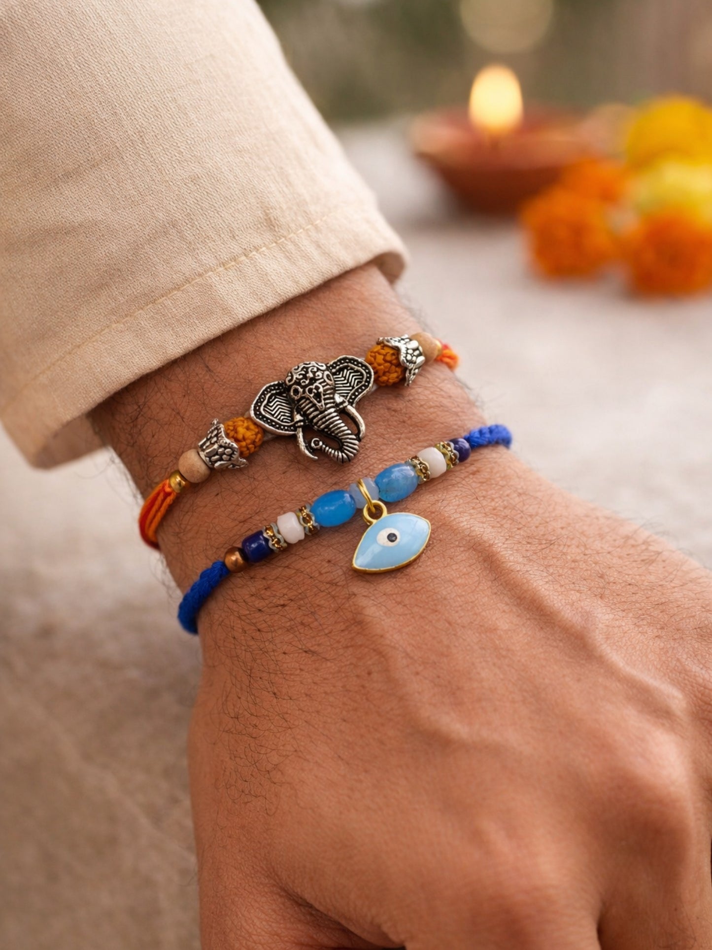 (Set of 2) Ganesha Evil Eye Bracelet Rakhi for Bhai Bro