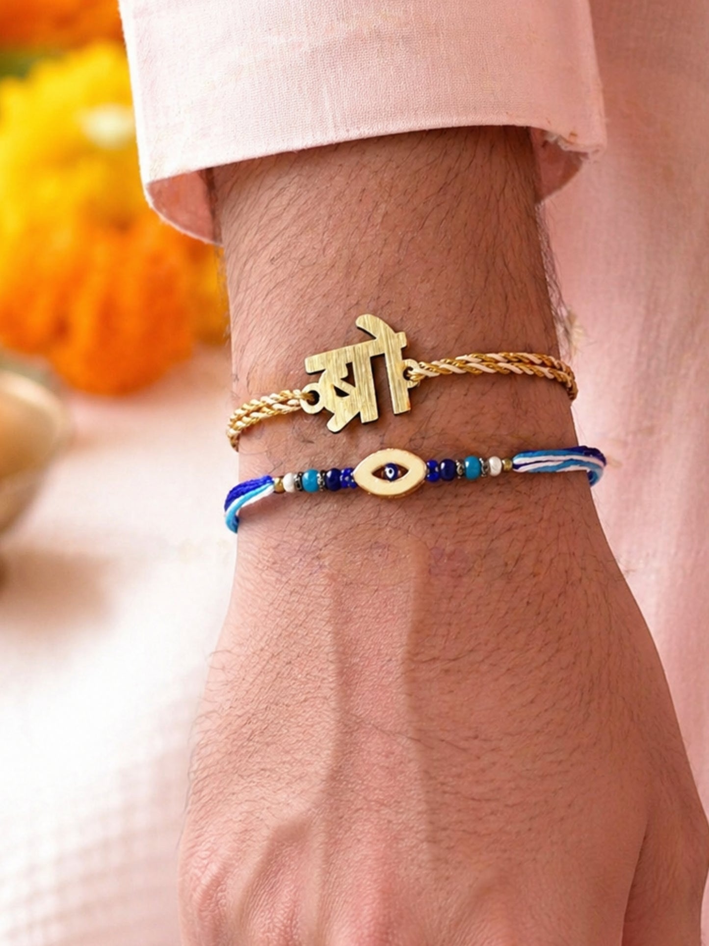 (Set of 2) Bhai Script Charm Evil Eye Bracelet Rakhi For Bro