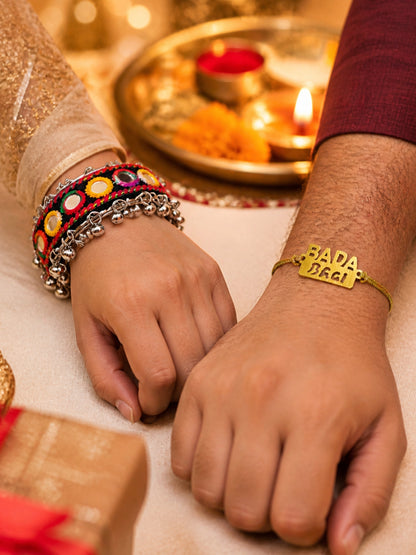 (Set of 2) Bada Bhai Name Mirror Ghungroo Lumba Rakhi Bhaiya Bhabhi
