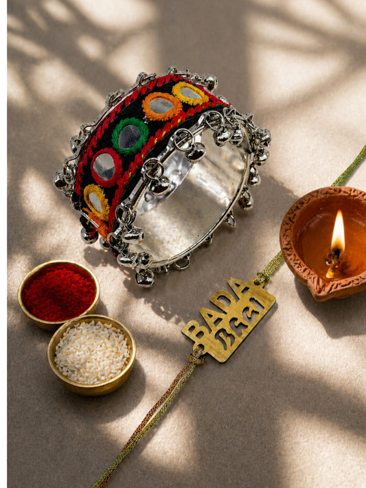 (Set of 2) Bada Bhai Name Mirror Ghungroo Lumba Rakhi Bhaiya Bhabhi