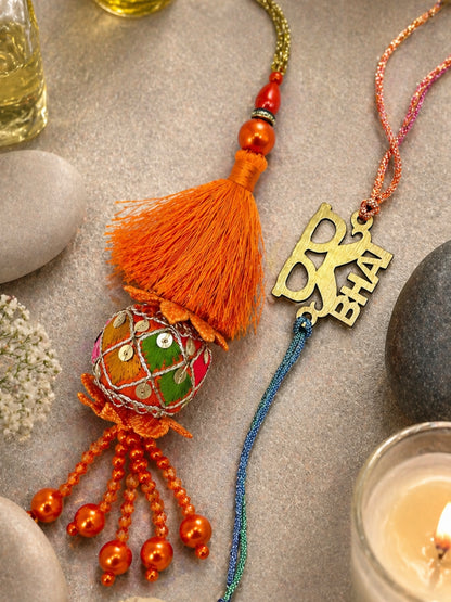 (Set of 2) Bhai Name Orange Tassel Lumba Rakhi Bhaiya Bhabhi