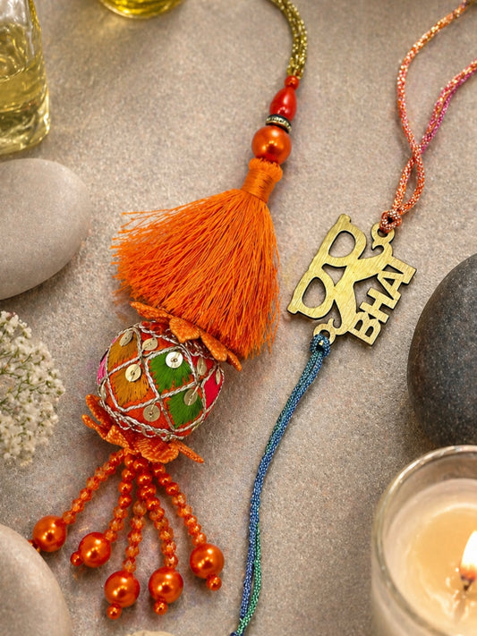 (Set of 2) Bhai Name Orange Tassel Lumba Rakhi Bhaiya Bhabhi
