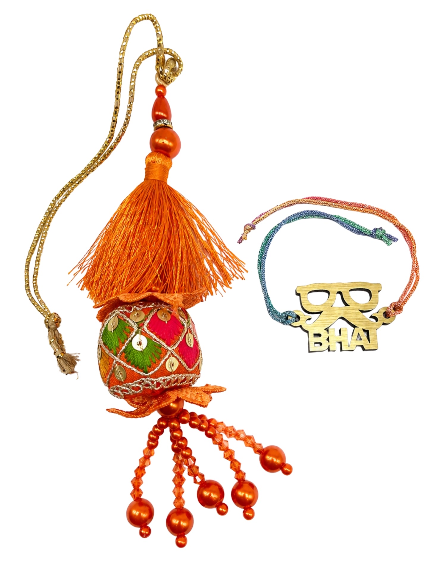 (Set of 2) Bhai Name Orange Tassel Lumba Rakhi Bhaiya Bhabhi