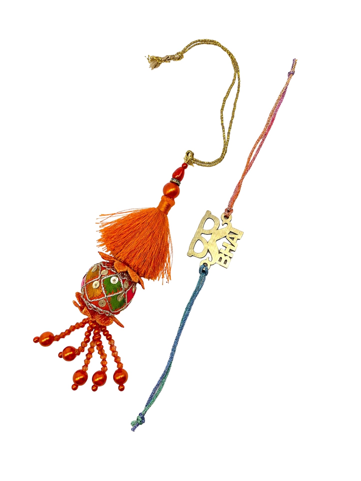 (Set of 2) Bhai Name Orange Tassel Lumba Rakhi Bhaiya Bhabhi