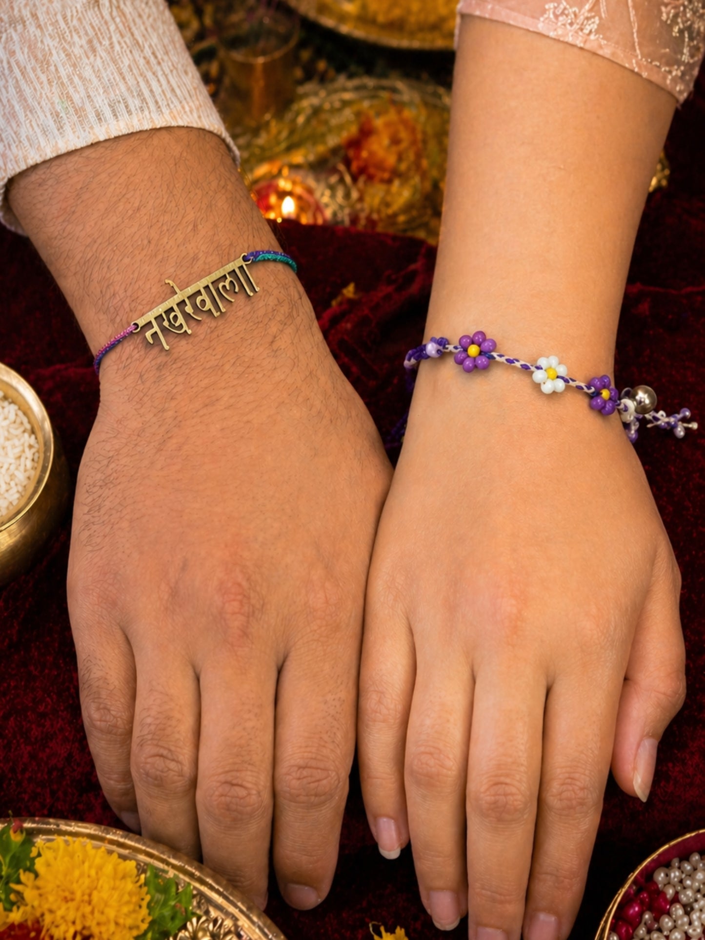 (Set of 2) Nakhrewala Name Floral Beaded Bracelet Rakhi For Bhai
