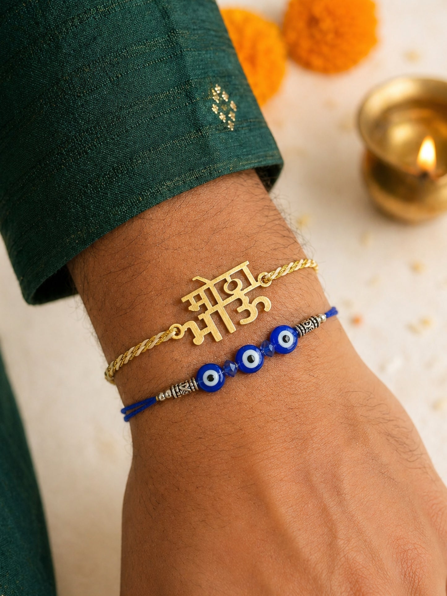 (Set of 2) Motha Bhau Evil Eye Beaded Bracelet Rakhi for Bhai Bro
