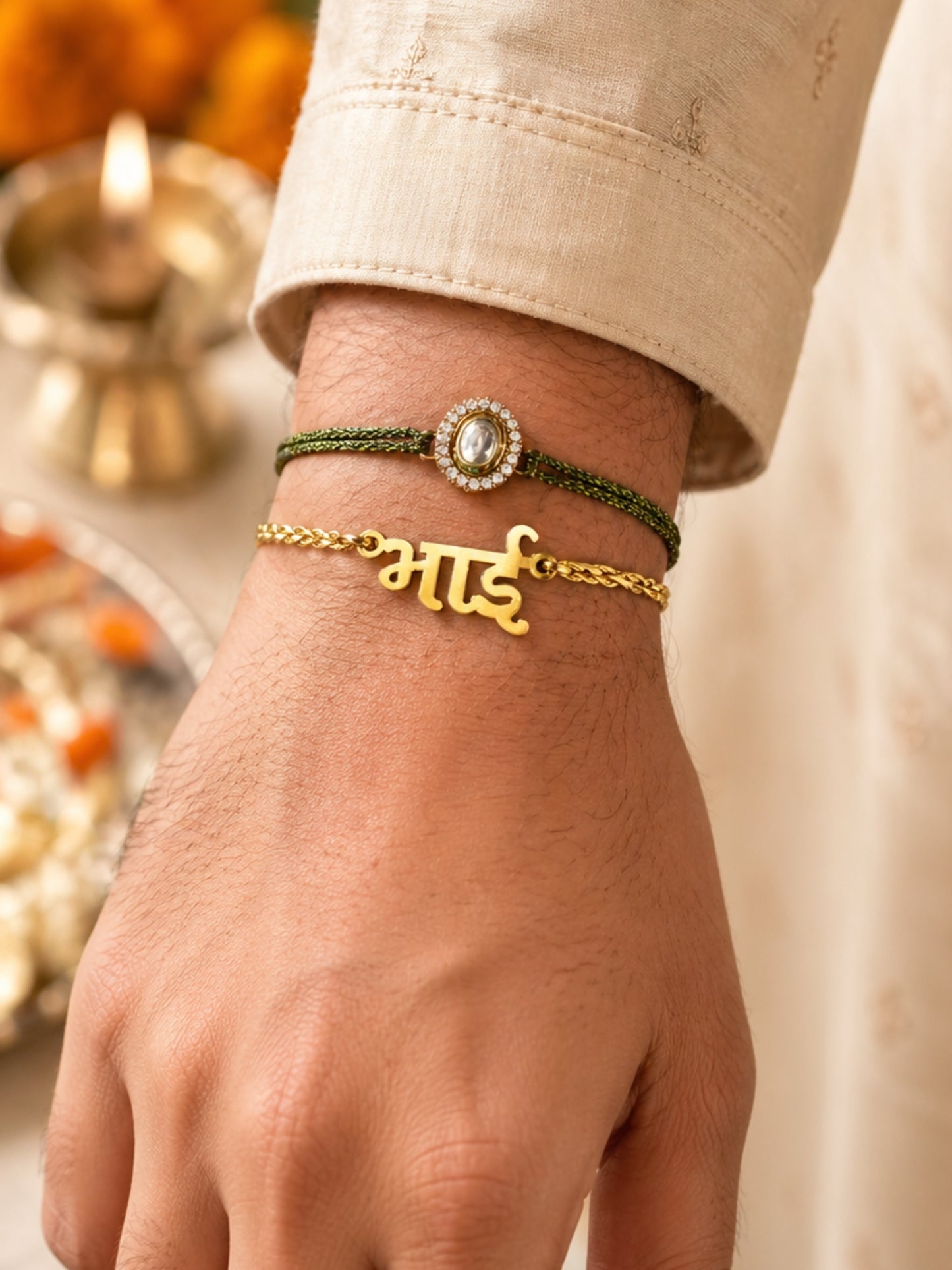 (Set of 2) Bhai Hindi Name Kundan Bracelet Rakhi For Bro