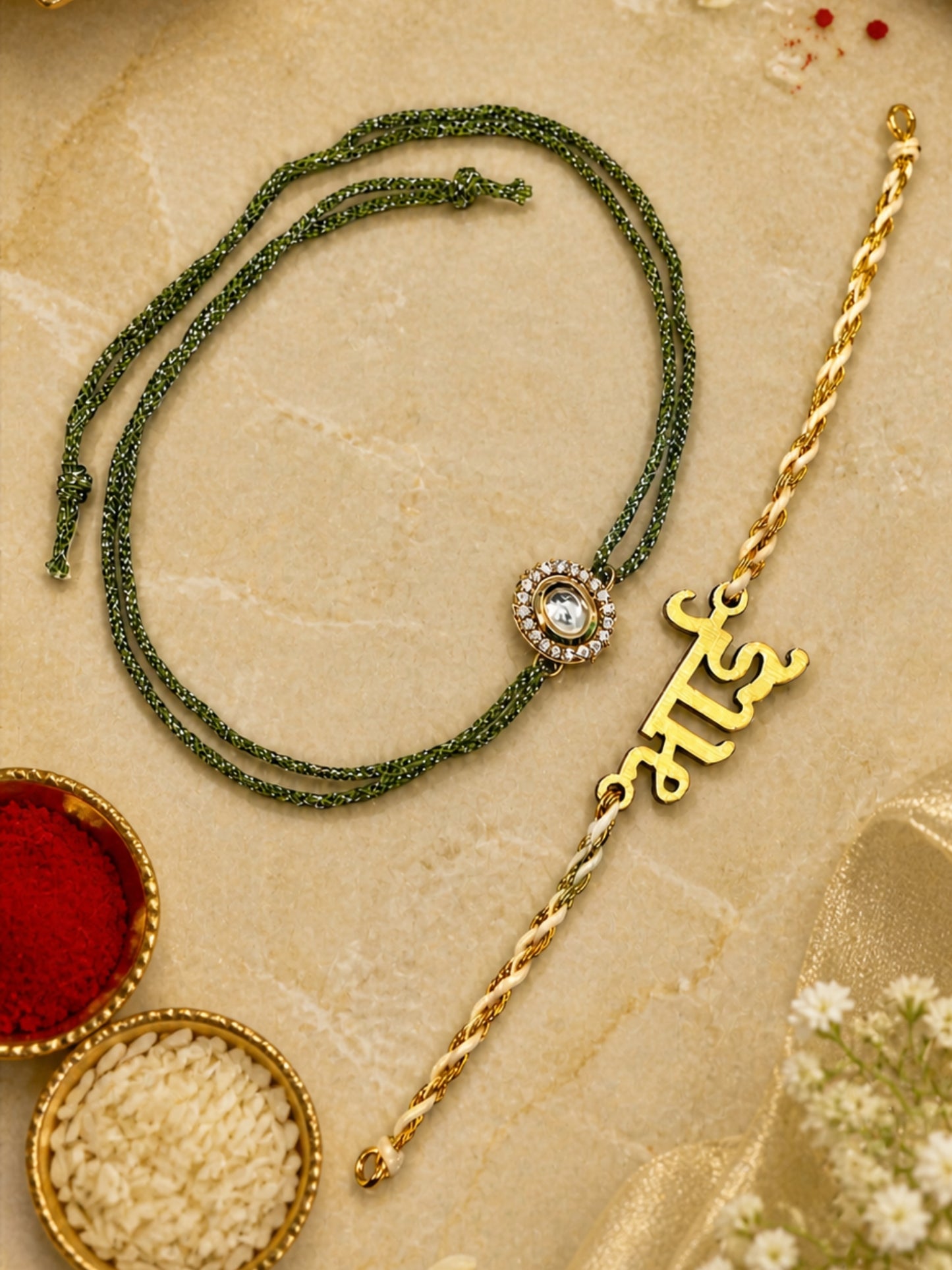 (Set of 2) Bhai Hindi Name Kundan Bracelet Rakhi For Bro