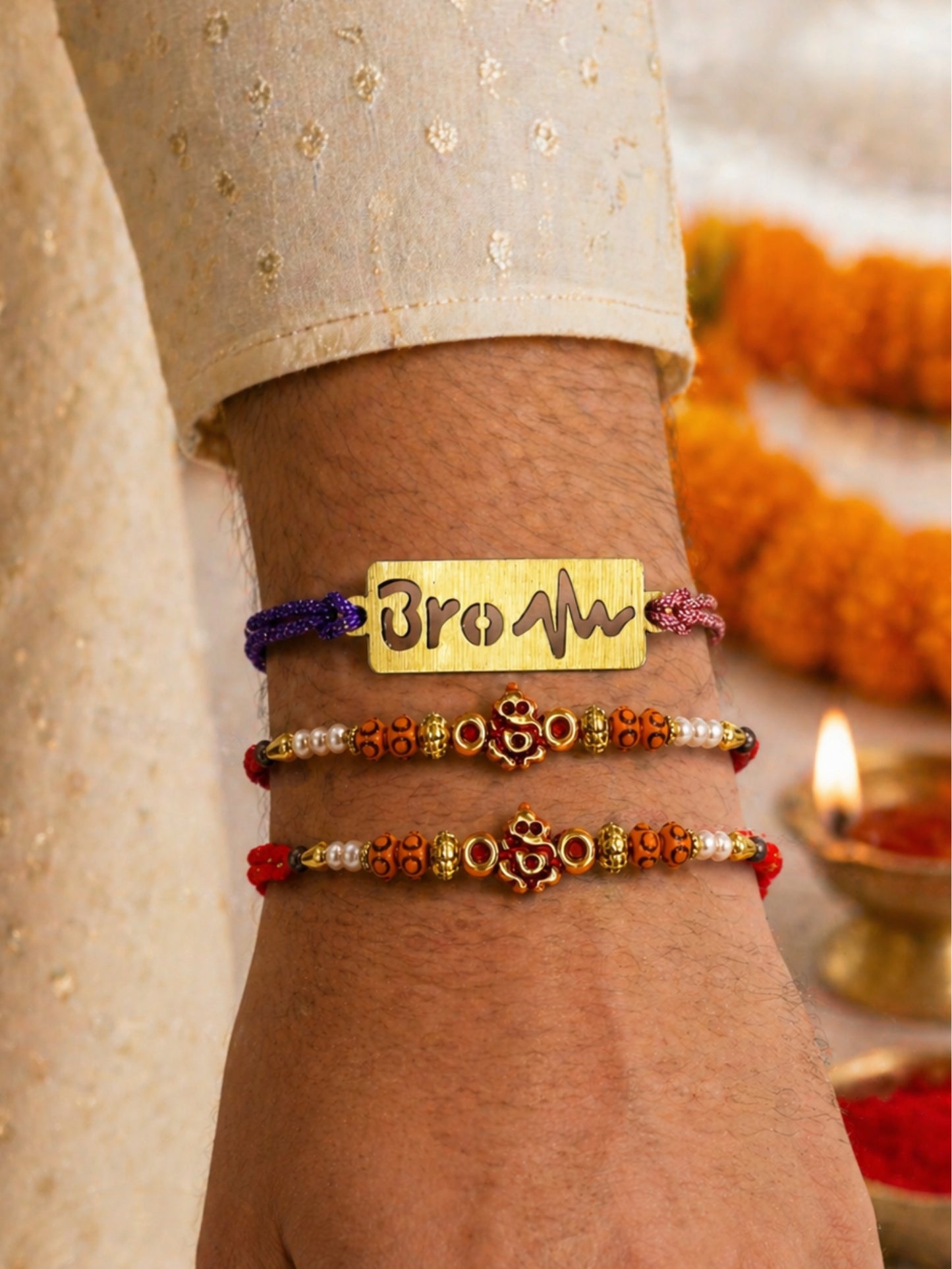 (Set of 3) Bro Heartbeat Ganesh Bracelet Rakhi For Bhai Bro