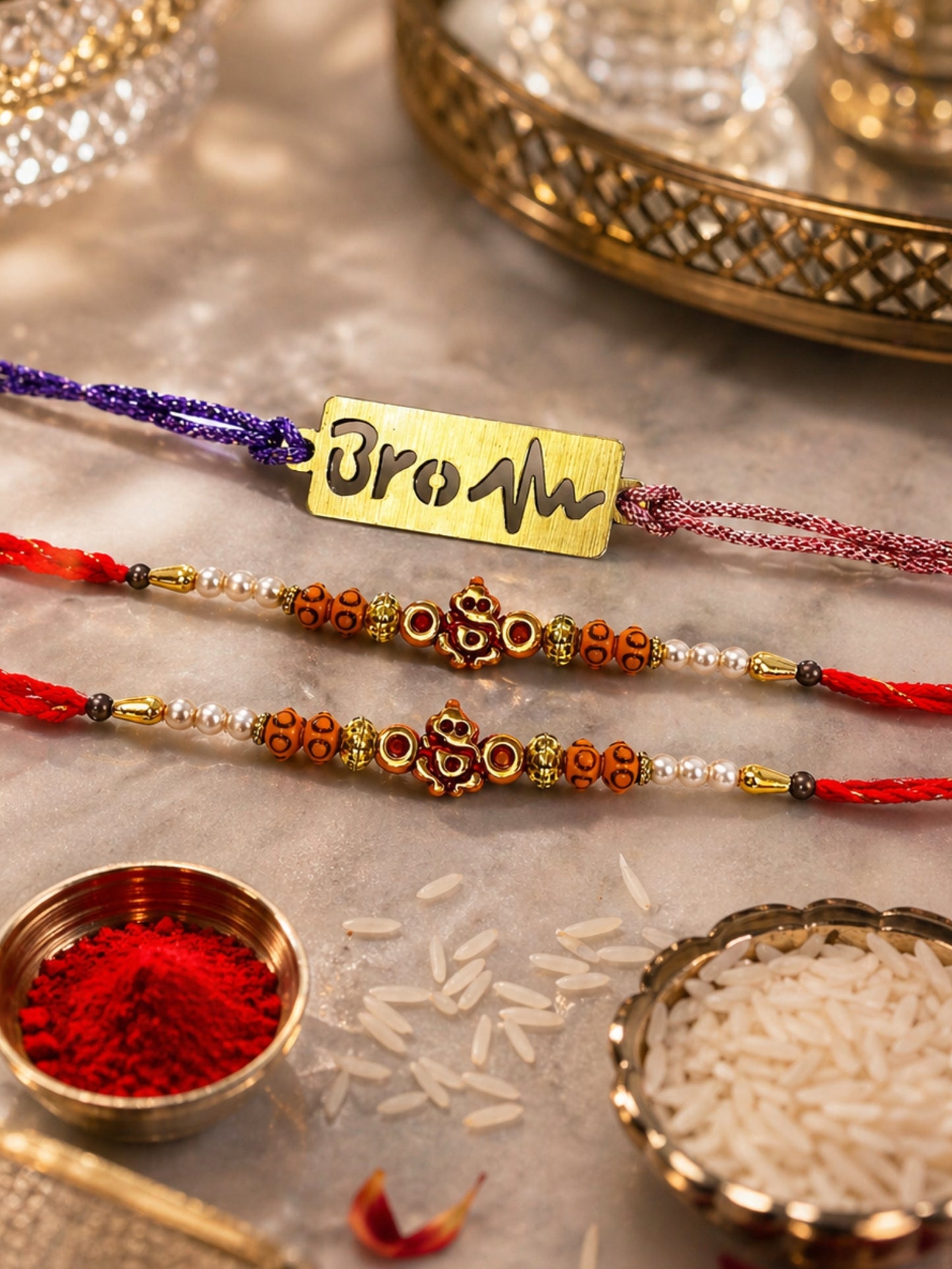 (Set of 3) Bro Heartbeat Ganesh Bracelet Rakhi For Bhai Bro