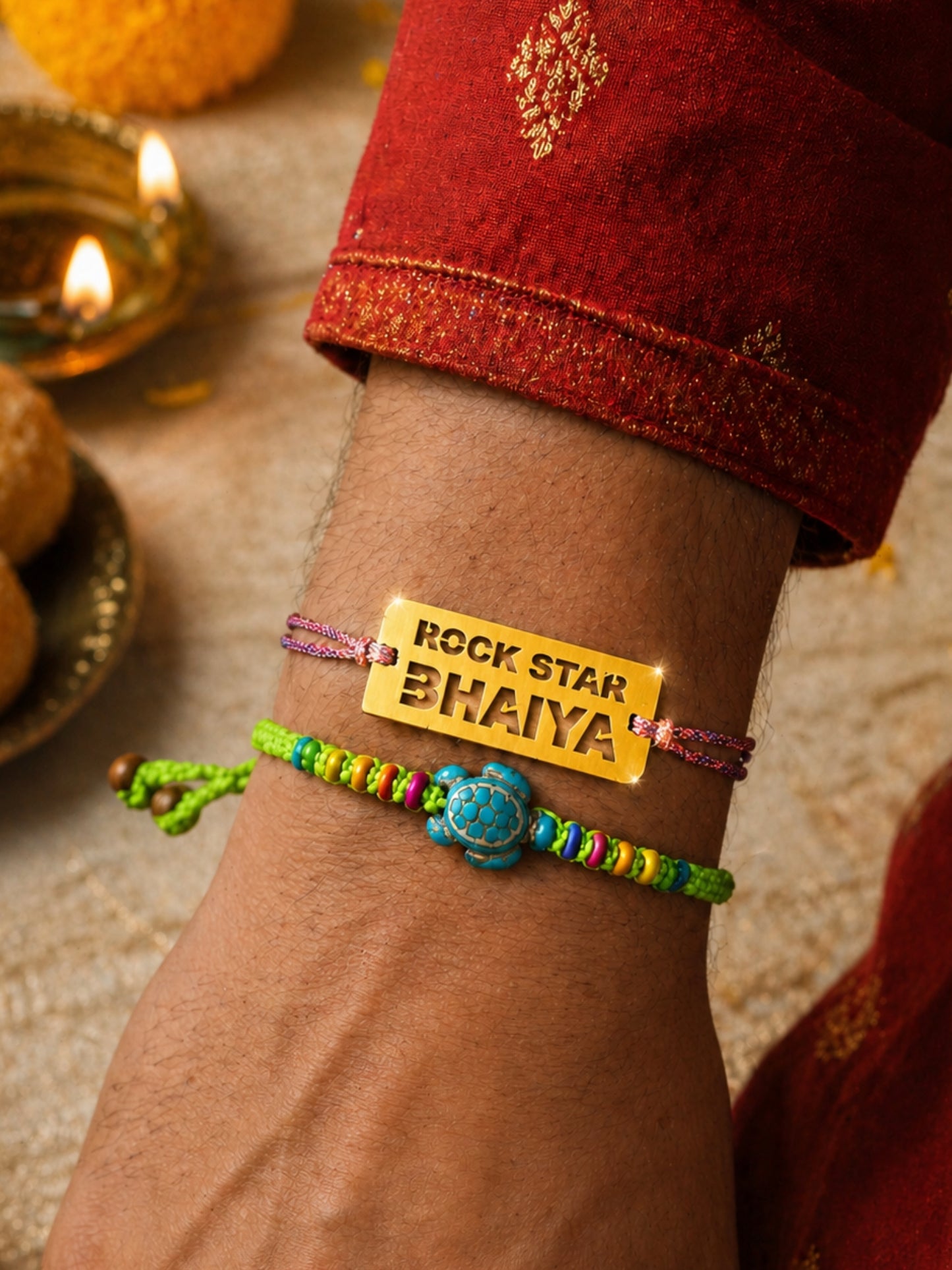 (Set of 2) Rockstar Bhaiya Name Turtle Beaded Bracelet Rakhi for Bro