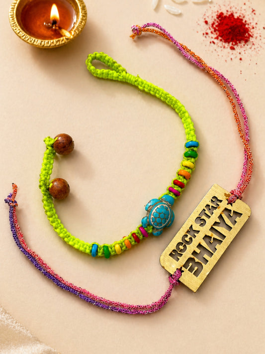 (Set of 2) Rockstar Bhaiya Name Turtle Beaded Bracelet Rakhi for Bro