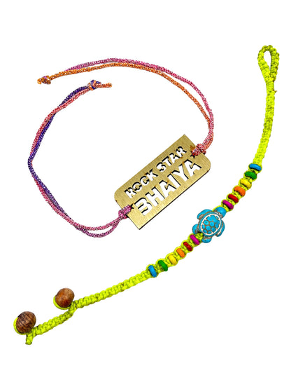 (Set of 2) Rockstar Bhaiya Name Turtle Beaded Bracelet Rakhi for Bro