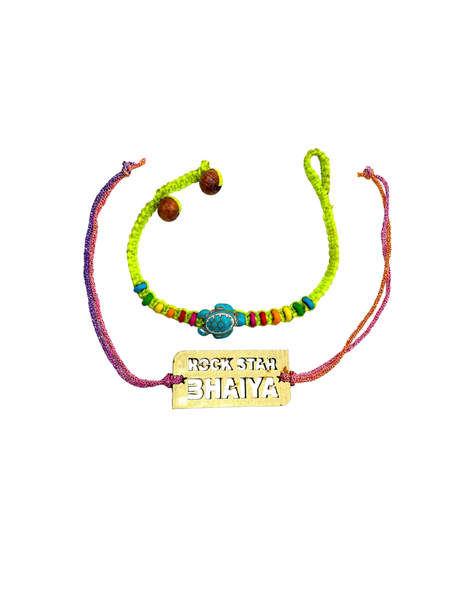 (Set of 2) Rockstar Bhaiya Name Turtle Beaded Bracelet Rakhi for Bro