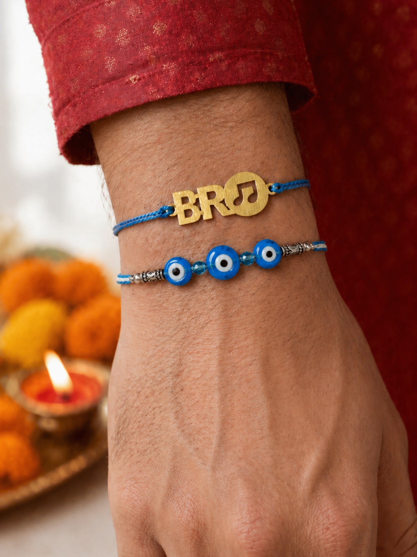 (Set of 2) BRO Musical Icon Evil Eye Bracelet Rakhi for Bhai