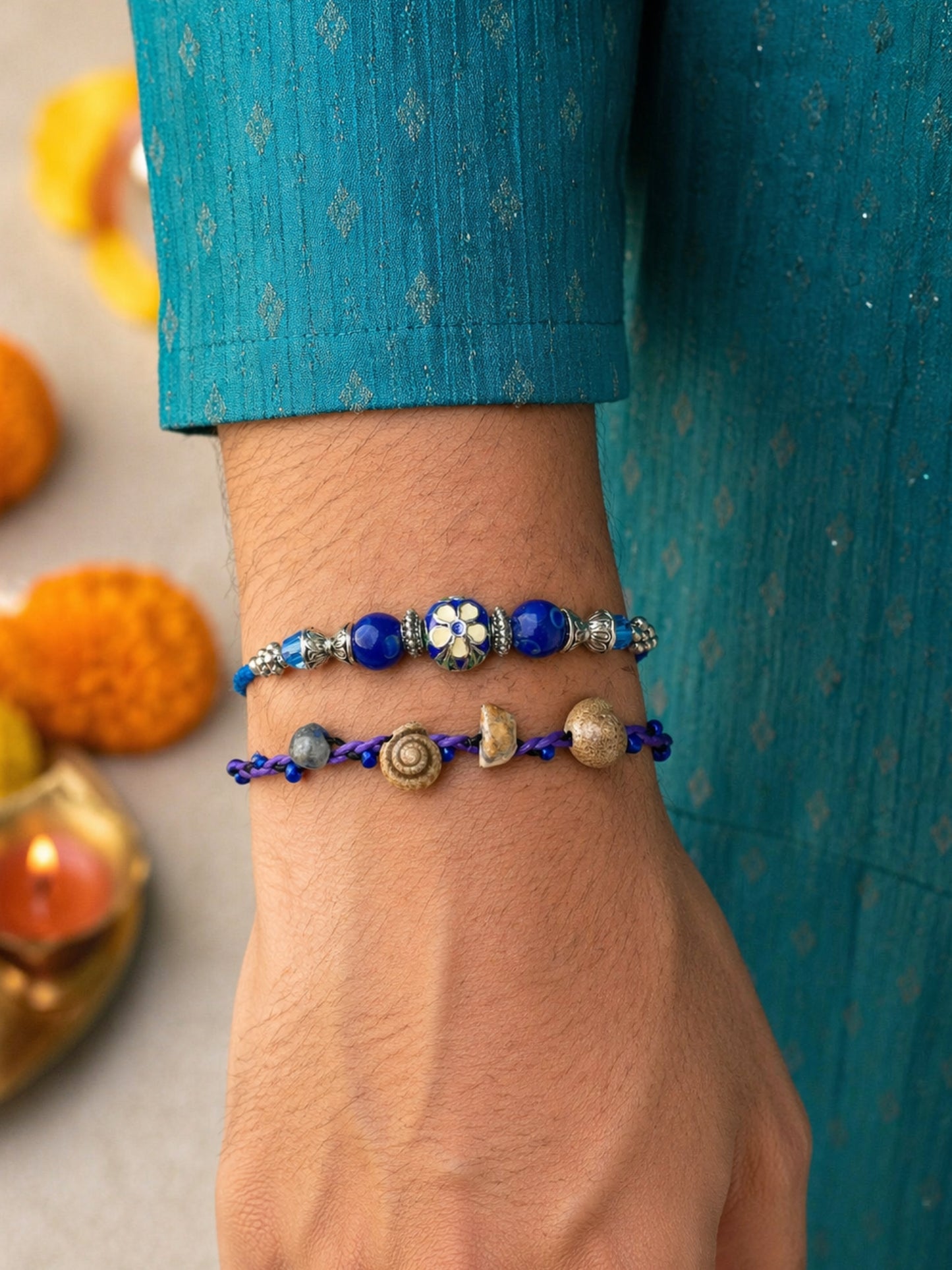 (Set of 2) Blue Floral Shell Rakhi Bracelet For Bhai Bro