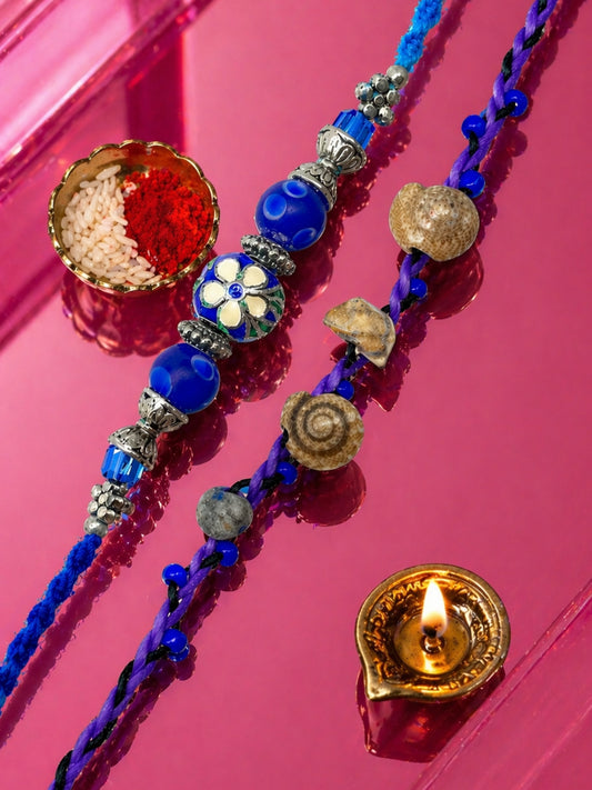 (Set of 2) Blue Floral Shell Rakhi Bracelet For Bhai Bro