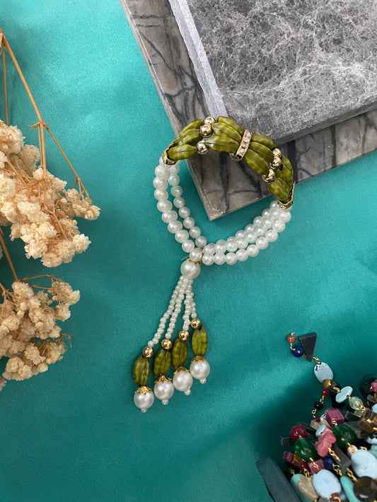 Pearl Green Beads Bracelet Rakhi Lumba