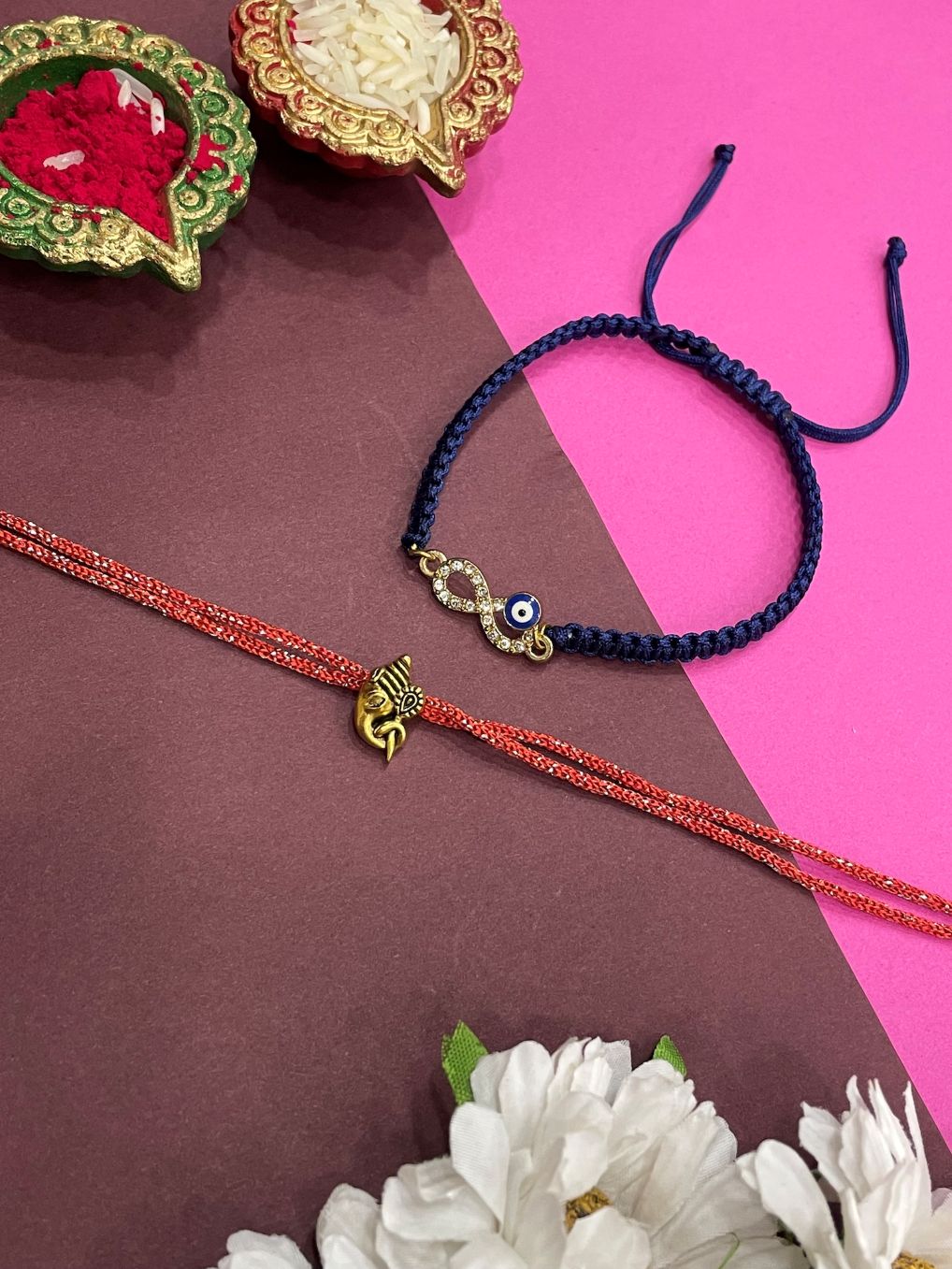 (Set of 2) Lord Ganesha/Evil Eye Infinity Lumba Rakhi