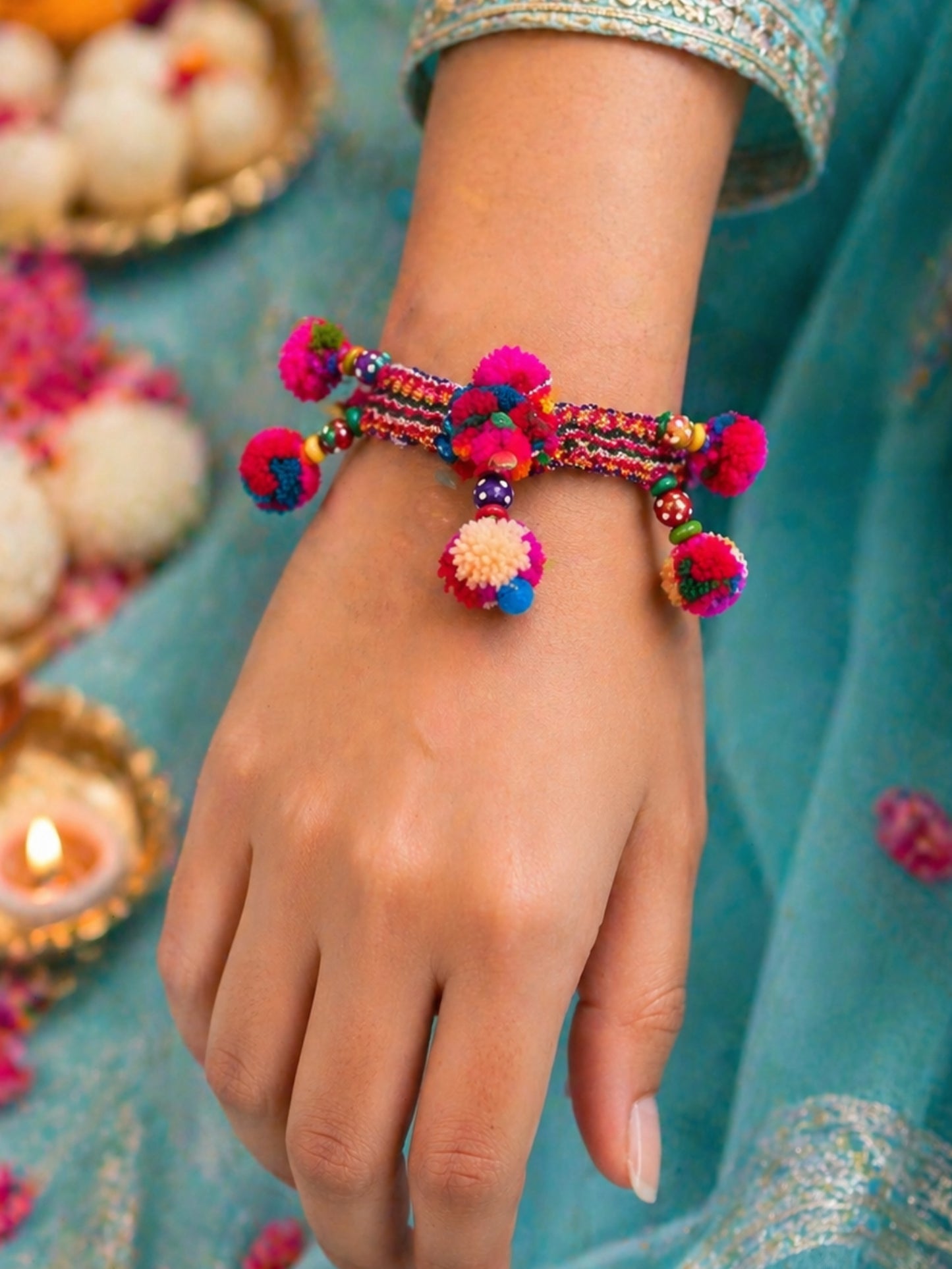 Pompom Designer Latkan Lumba Rakhi Online for Bhabhi
