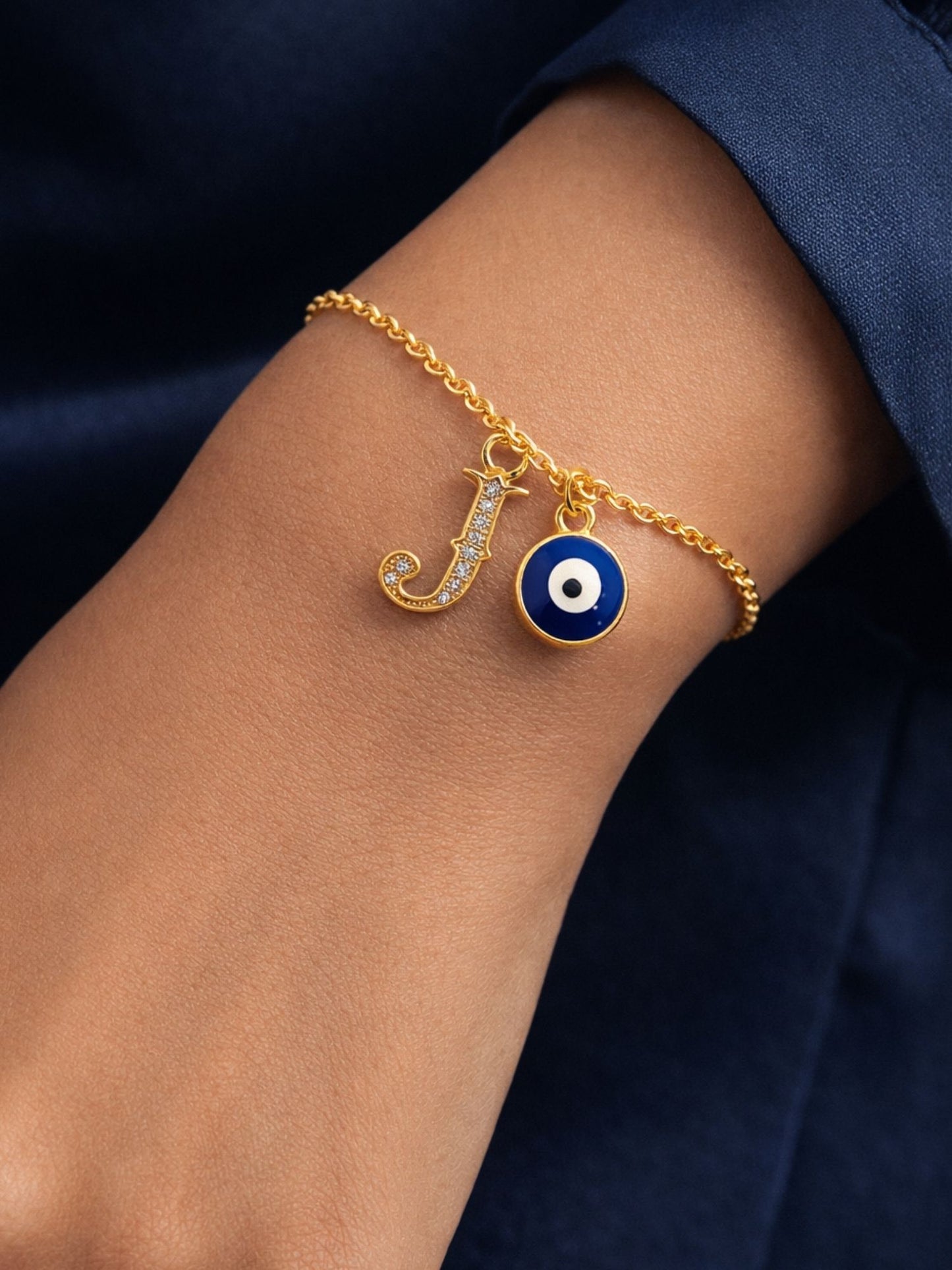 A TO Z Alphabet Blue Evil Eye Initial Name Lumba Rakhi Bracelet Gift for Bhaiya Bhabhi