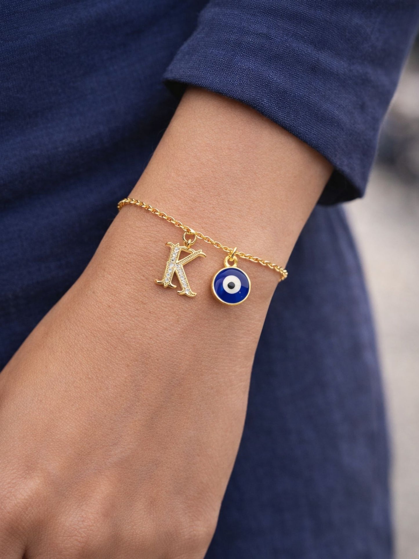 A TO Z Alphabet Blue Evil Eye Initial Name Lumba Rakhi Bracelet Gift for Bhaiya Bhabhi