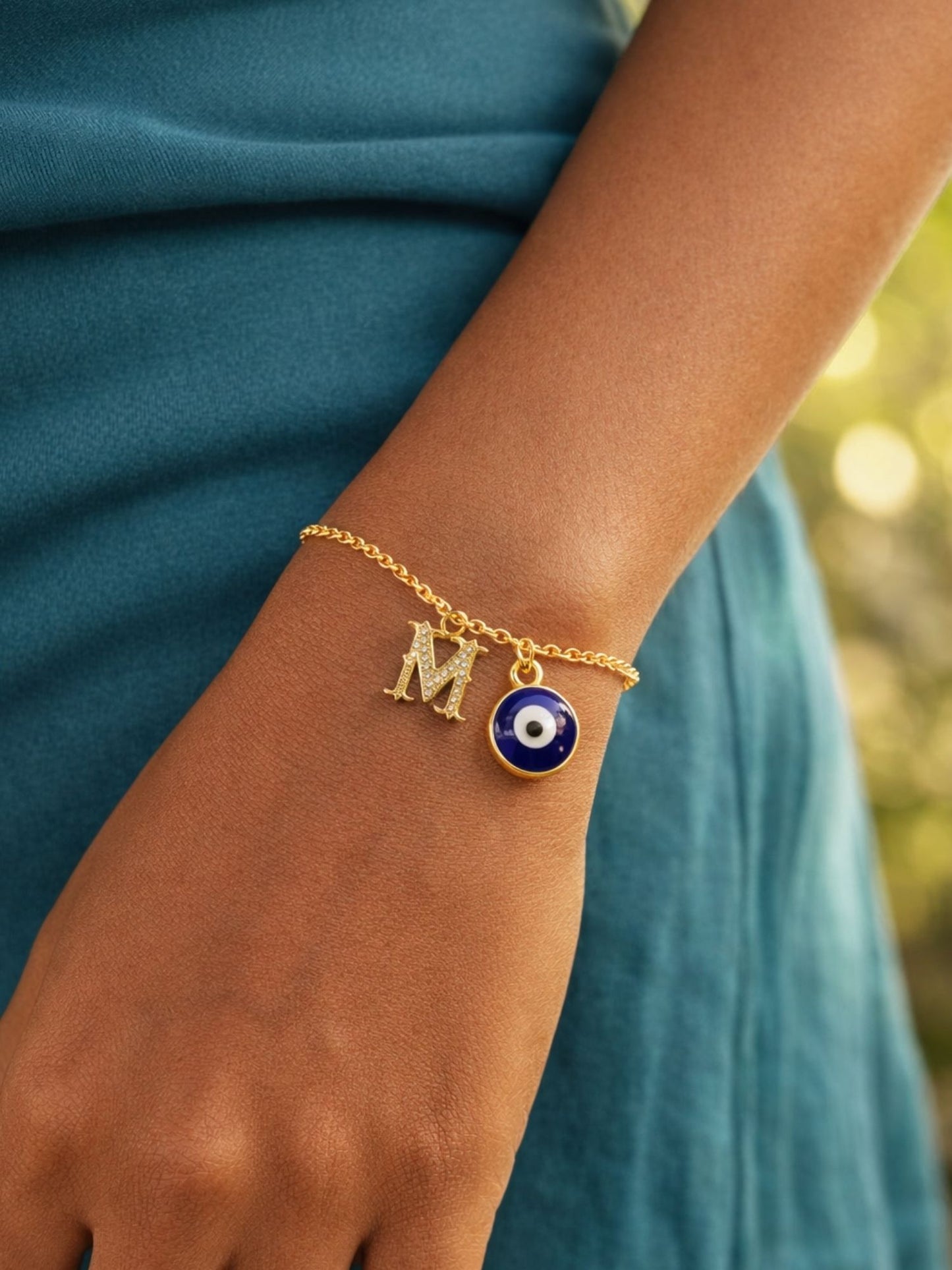 A TO Z Alphabet Blue Evil Eye Initial Name Lumba Rakhi Bracelet Gift for Bhaiya Bhabhi