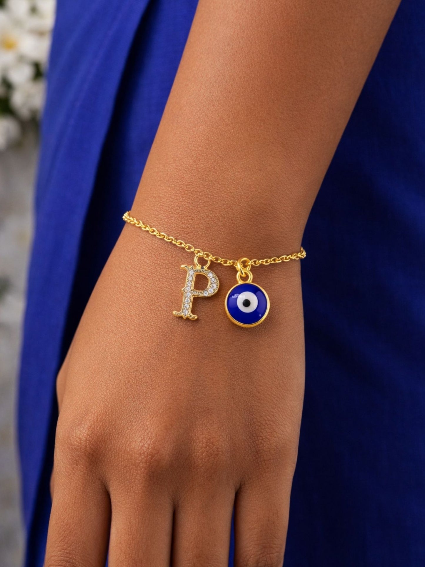A TO Z Alphabet Blue Evil Eye Initial Name Lumba Rakhi Bracelet Gift for Bhaiya Bhabhi