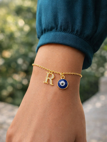 A TO Z Alphabet Blue Evil Eye Initial Name Lumba Rakhi Bracelet Gift for Bhaiya Bhabhi