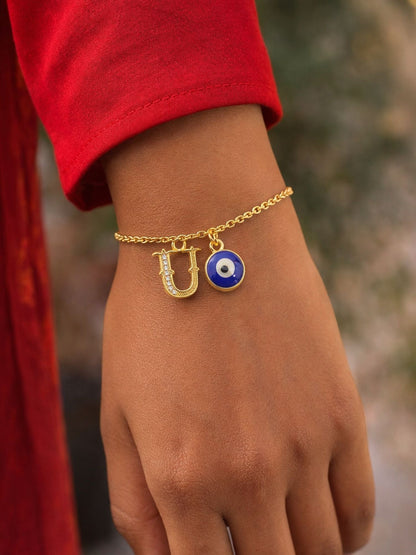 A TO Z Alphabet Blue Evil Eye Initial Name Lumba Rakhi Bracelet Gift for Bhaiya Bhabhi