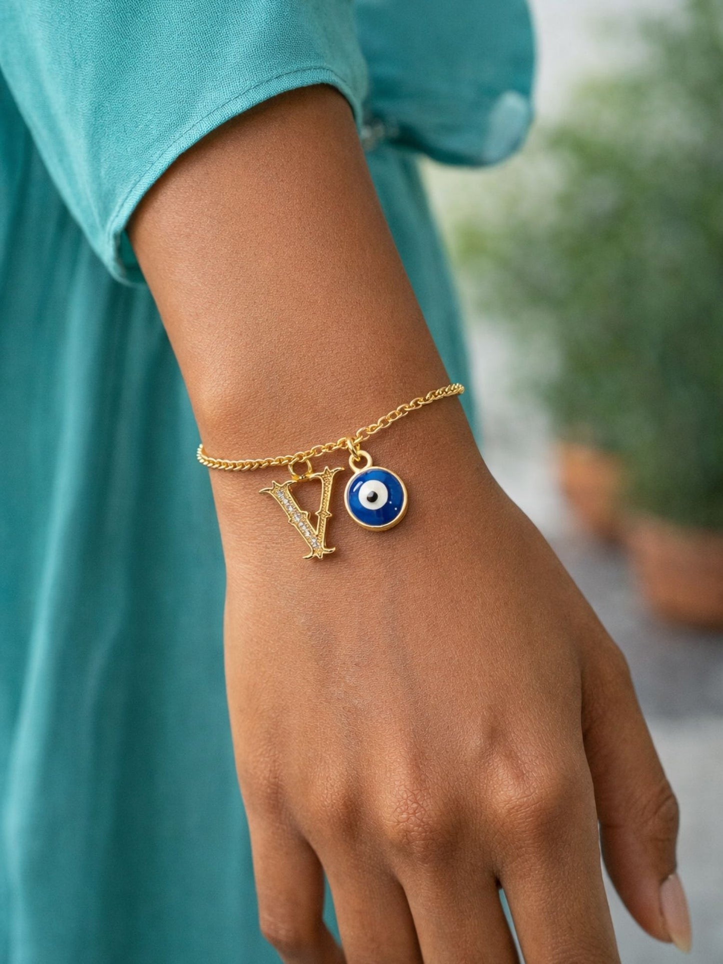 A TO Z Alphabet Blue Evil Eye Initial Name Lumba Rakhi Bracelet Gift for Bhaiya Bhabhi