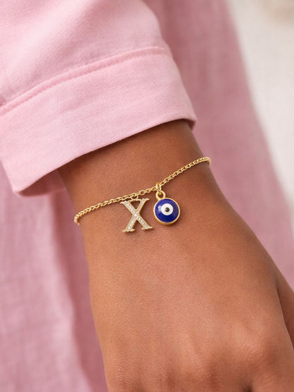 A TO Z Alphabet Blue Evil Eye Initial Name Lumba Rakhi Bracelet Gift for Bhaiya Bhabhi