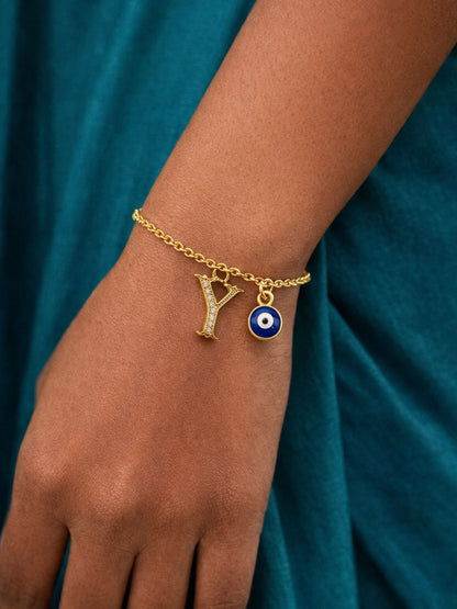 A TO Z Alphabet Blue Evil Eye Initial Name Lumba Rakhi Bracelet Gift for Bhaiya Bhabhi