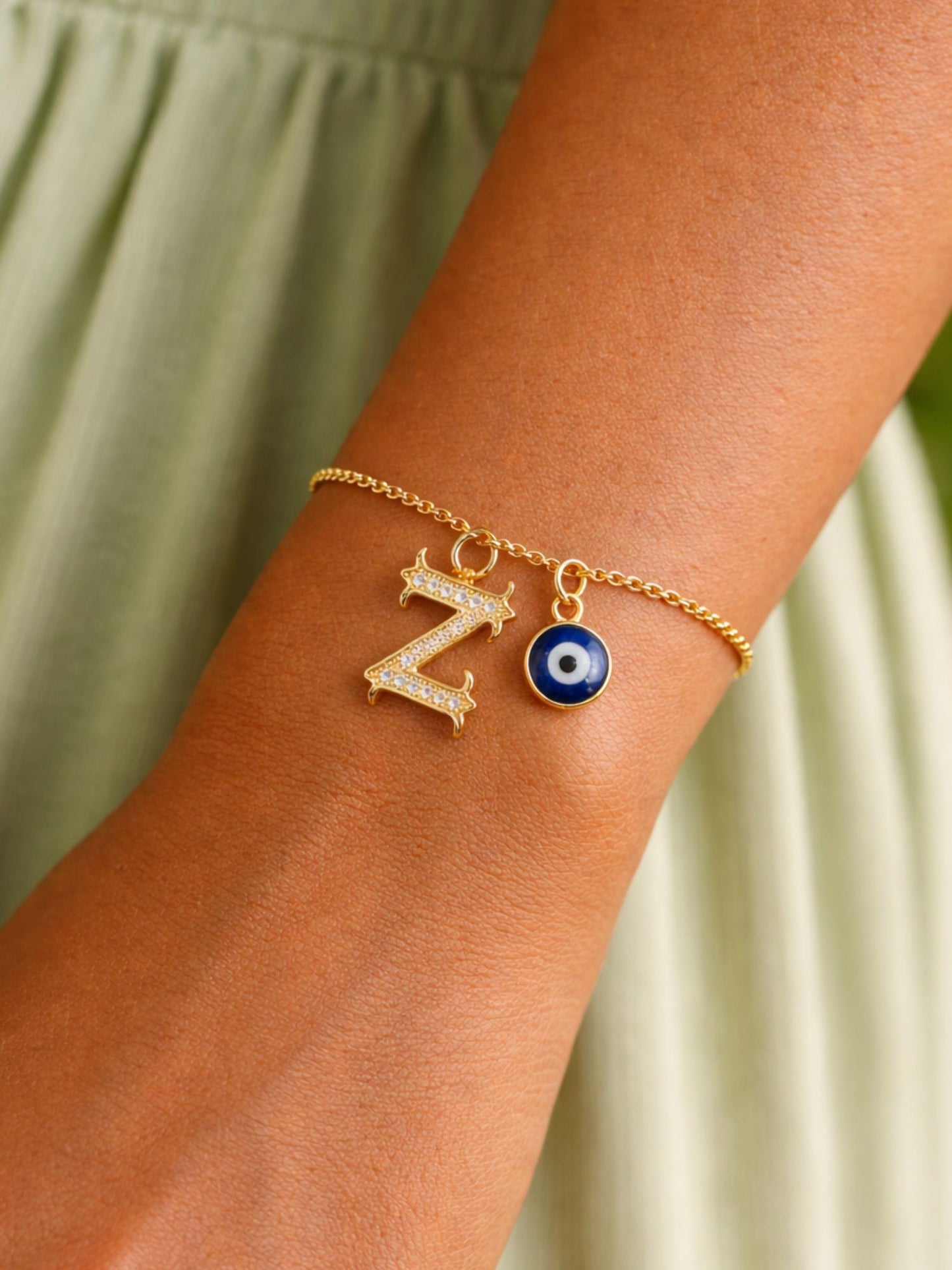 A TO Z Alphabet Blue Evil Eye Initial Name Lumba Rakhi Bracelet Gift for Bhaiya Bhabhi