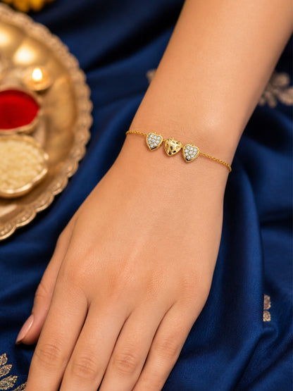 Gold Plated Triple Heart Crystal Lumba Rakhi Bracelet Bhabhi