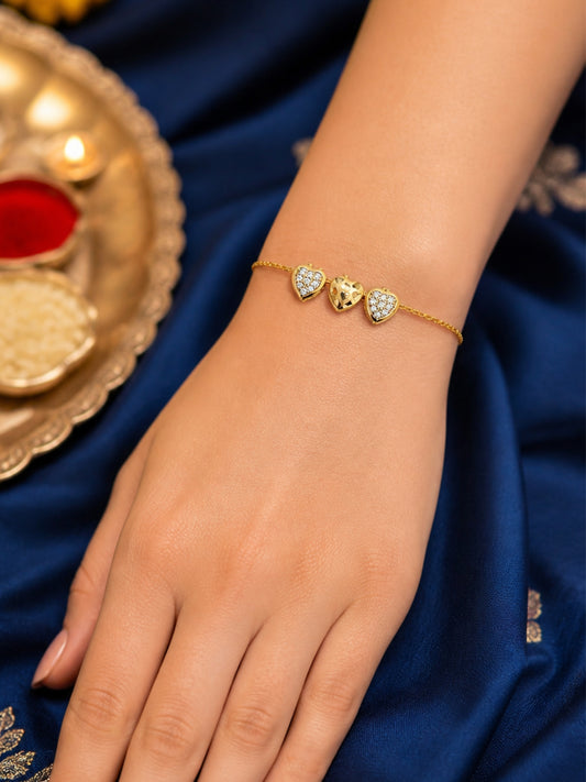 Gold Plated Triple Heart Crystal Lumba Rakhi Bracelet Bhabhi
