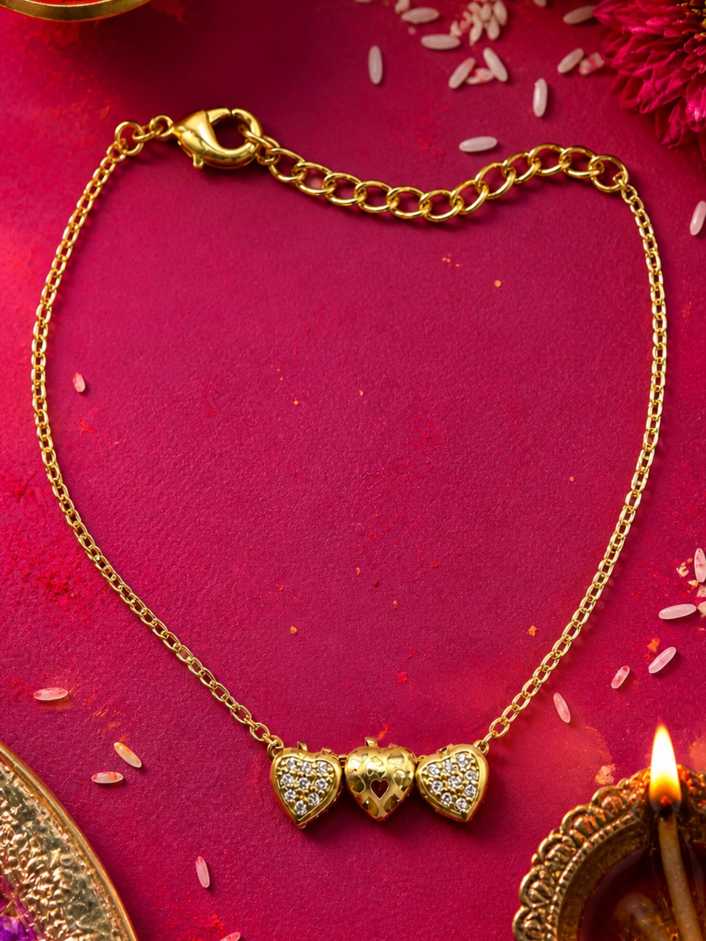 Gold Plated Triple Heart Crystal Lumba Rakhi Bracelet Bhabhi