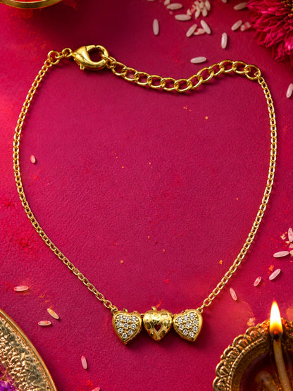 Gold Plated Triple Heart Crystal Lumba Rakhi Bracelet Bhabhi