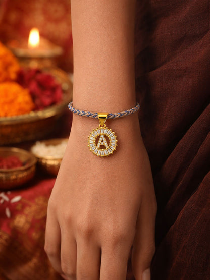 A TO Z Alphabet American Diamond Charm Initial Name Lumba Rakhi Bracelet For Bhaiya Bhabhi