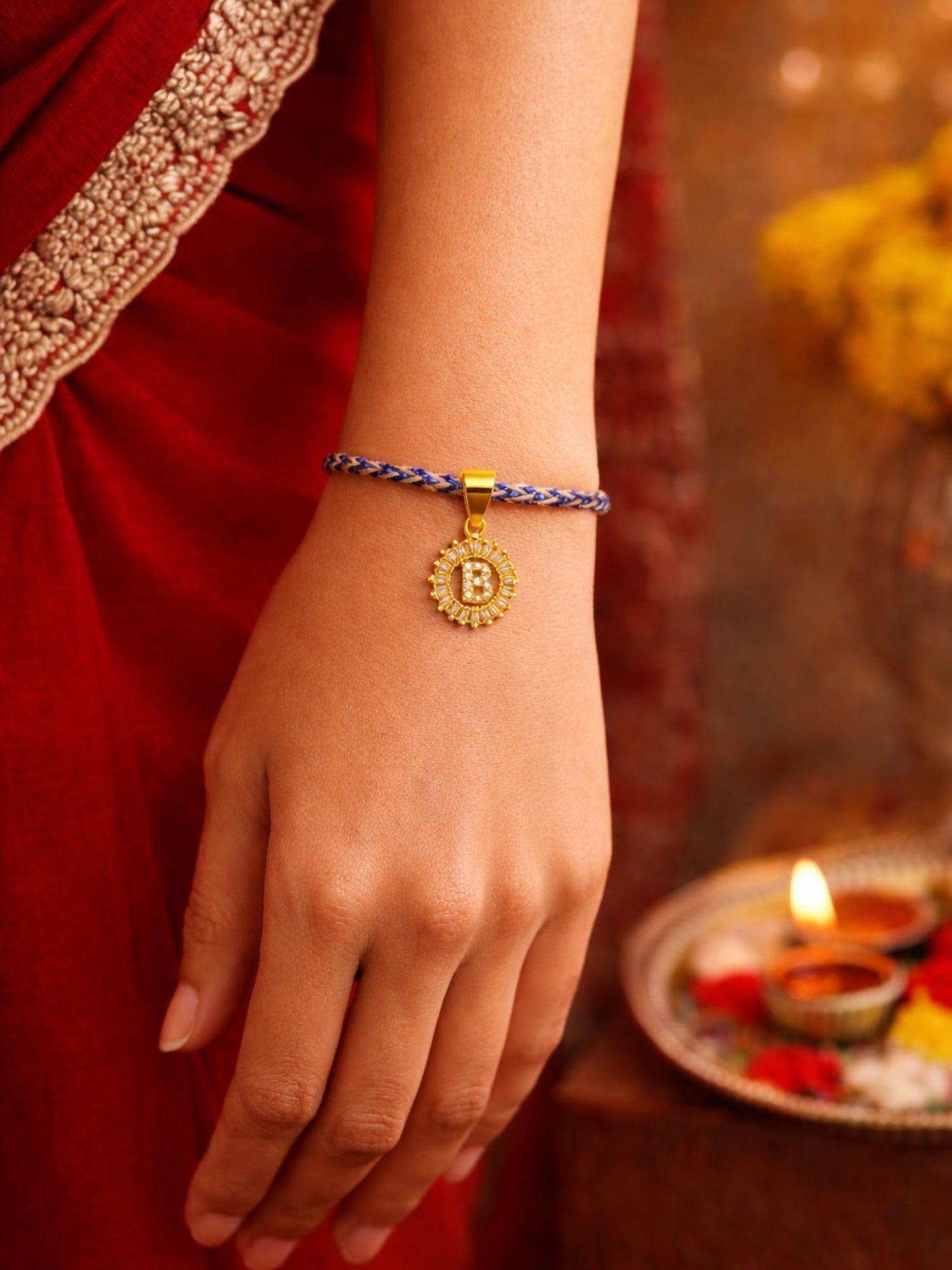 A TO Z Alphabet American Diamond Charm Initial Name Lumba Rakhi Bracelet For Bhaiya Bhabhi