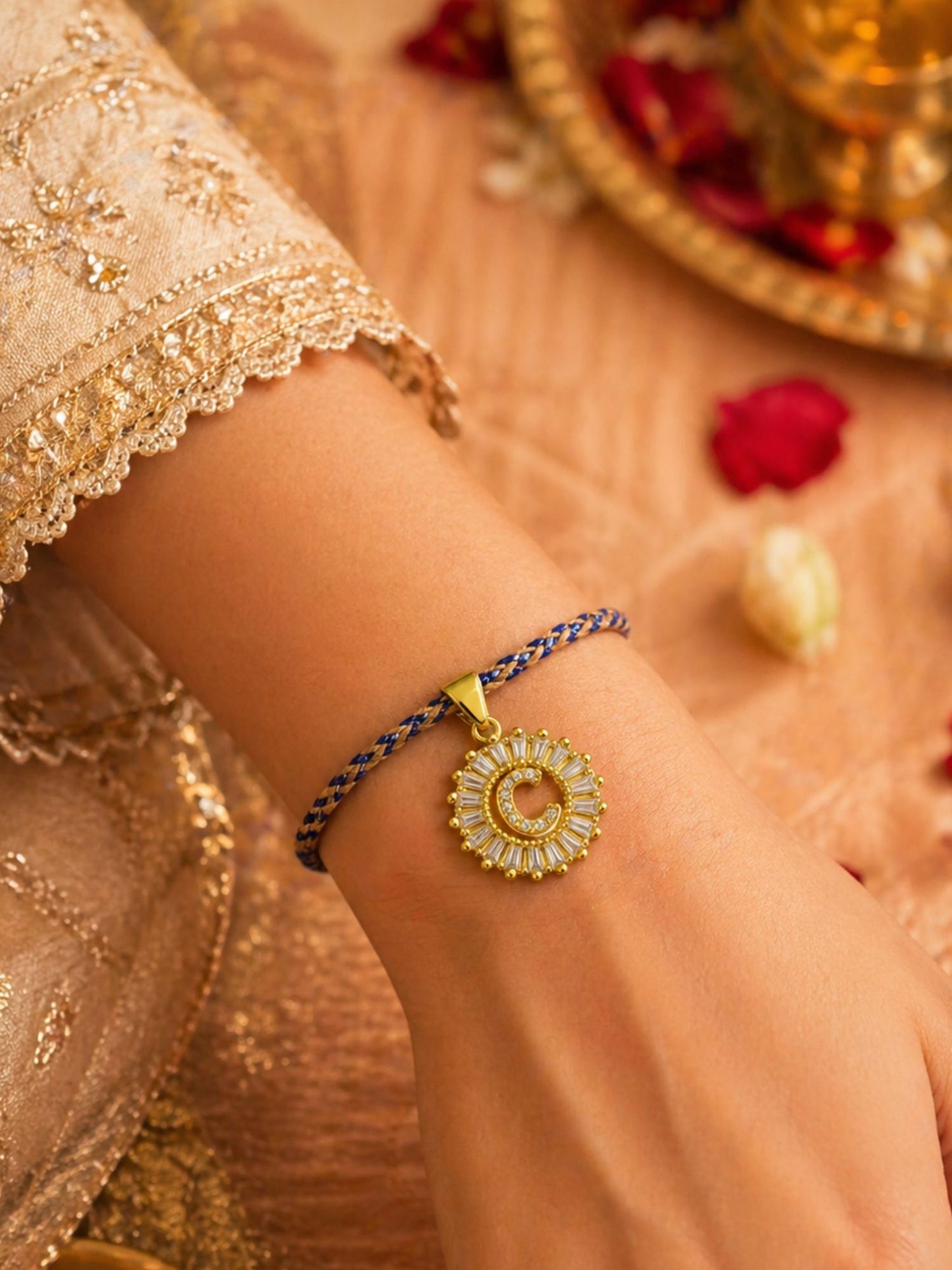 A TO Z Alphabet American Diamond Charm Initial Name Lumba Rakhi Bracelet For Bhaiya Bhabhi