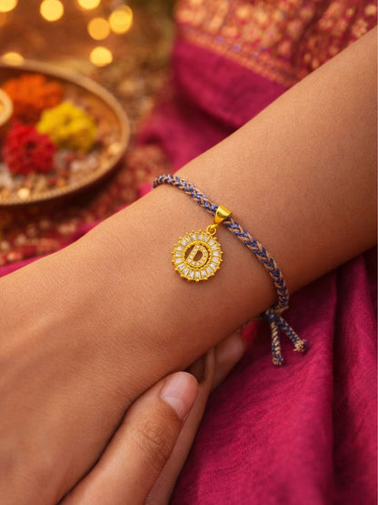 A TO Z Alphabet American Diamond Charm Initial Name Lumba Rakhi Bracelet For Bhaiya Bhabhi