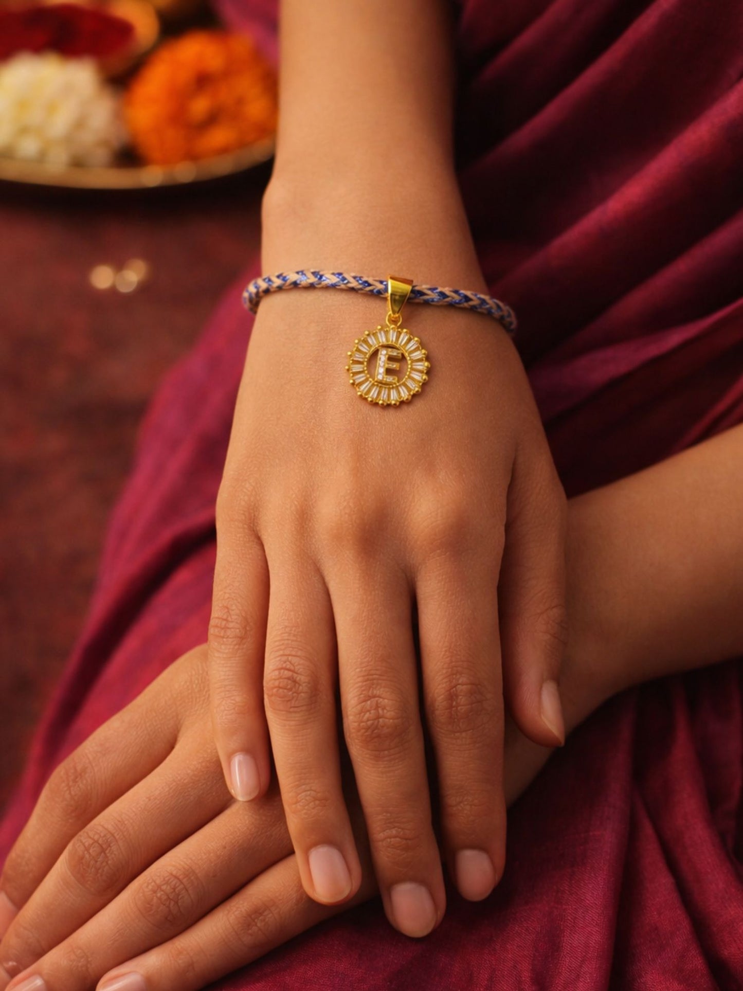 A TO Z Alphabet American Diamond Charm Initial Name Lumba Rakhi Bracelet For Bhaiya Bhabhi