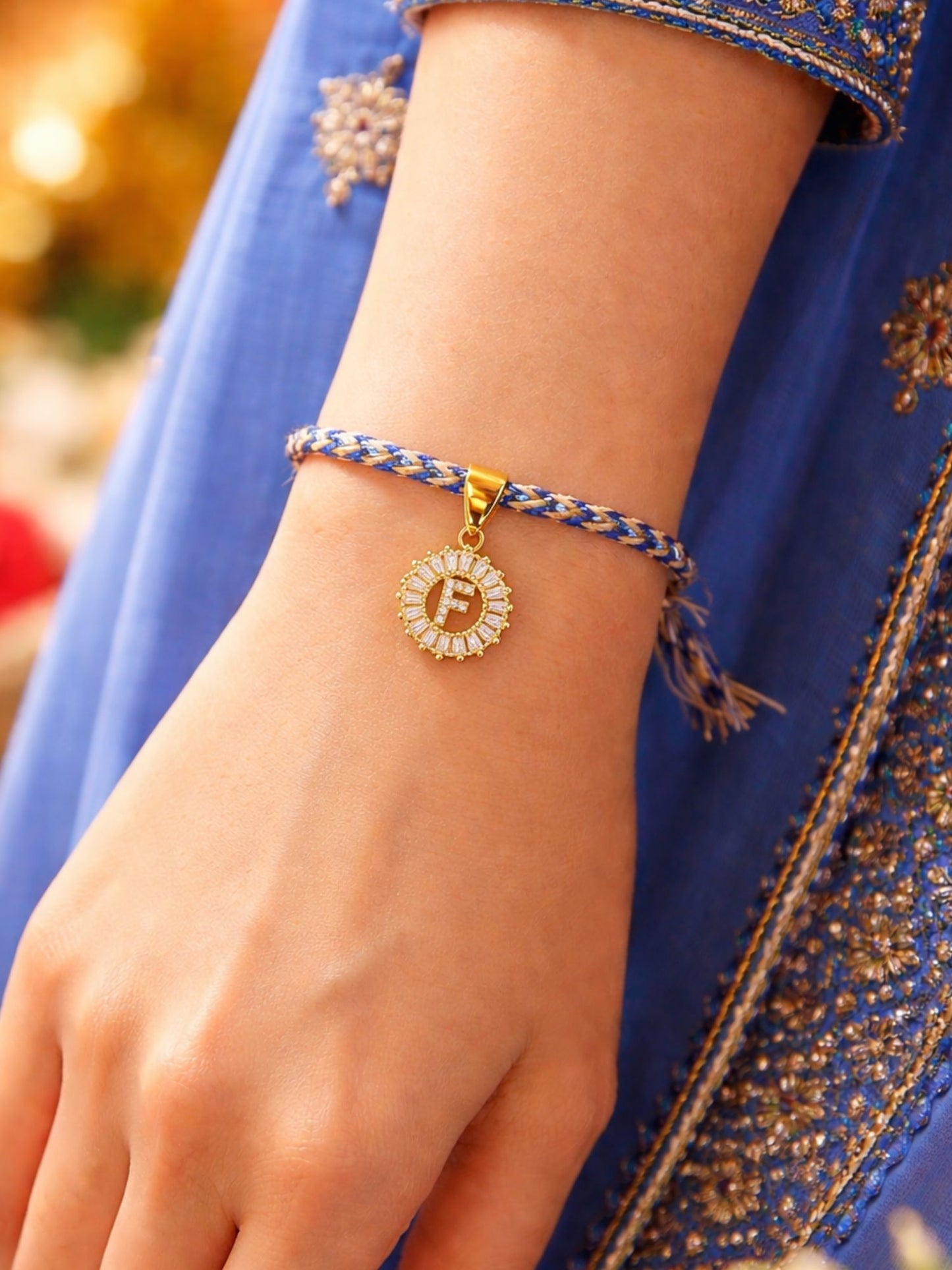 A TO Z Alphabet American Diamond Charm Initial Name Lumba Rakhi Bracelet For Bhaiya Bhabhi