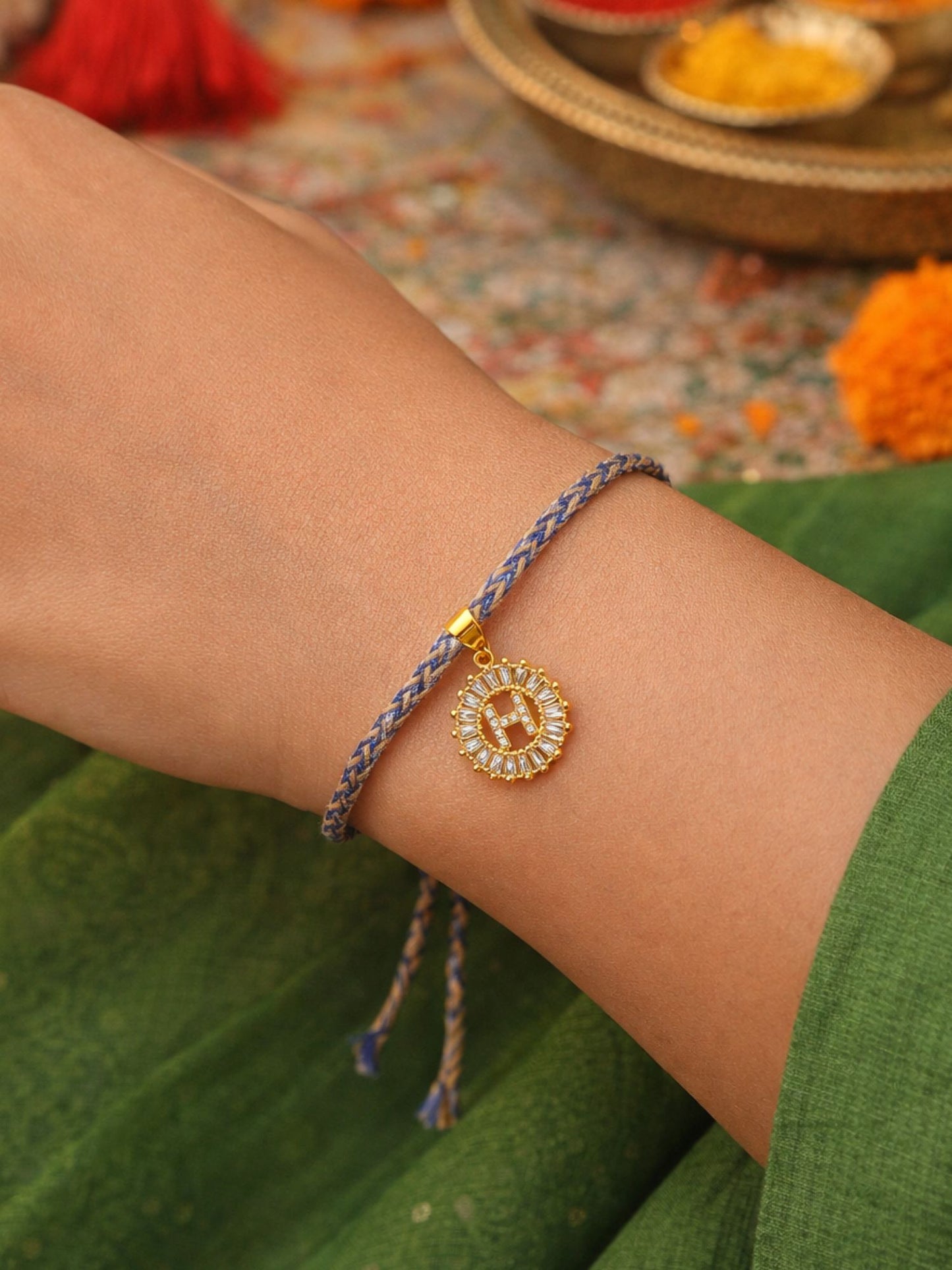 A TO Z Alphabet American Diamond Charm Initial Name Lumba Rakhi Bracelet For Bhaiya Bhabhi
