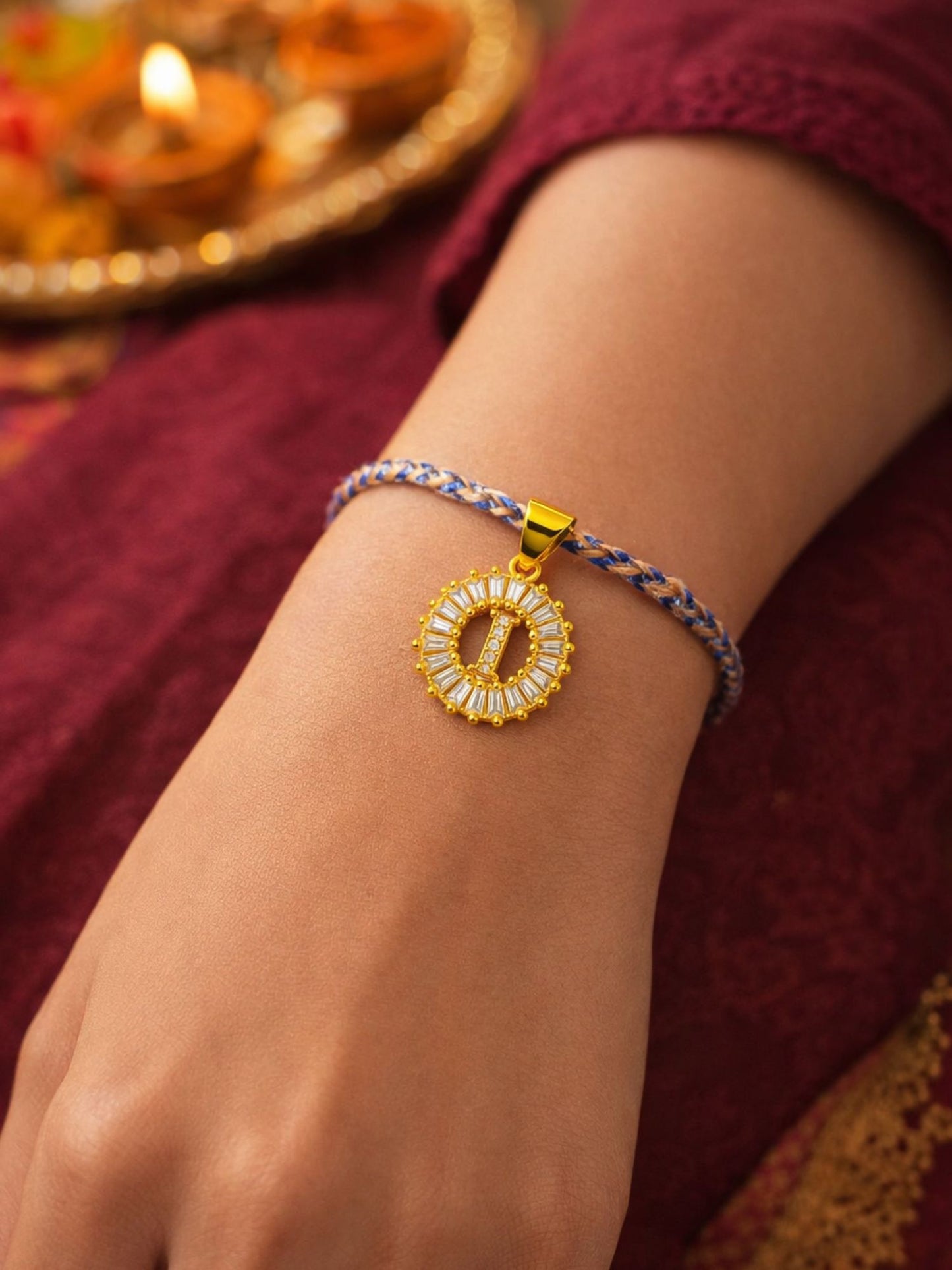 A TO Z Alphabet American Diamond Charm Initial Name Lumba Rakhi Bracelet For Bhaiya Bhabhi