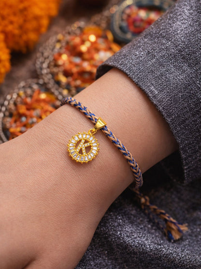 A TO Z Alphabet American Diamond Charm Initial Name Lumba Rakhi Bracelet For Bhaiya Bhabhi