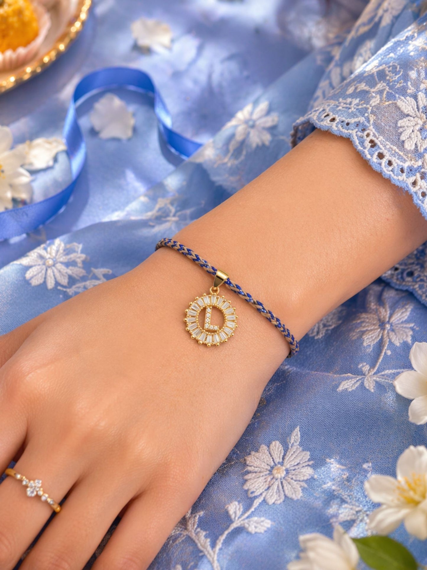 A TO Z Alphabet American Diamond Charm Initial Name Lumba Rakhi Bracelet For Bhaiya Bhabhi