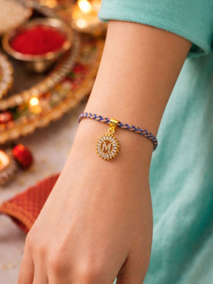 A TO Z Alphabet American Diamond Charm Initial Name Lumba Rakhi Bracelet For Bhaiya Bhabhi
