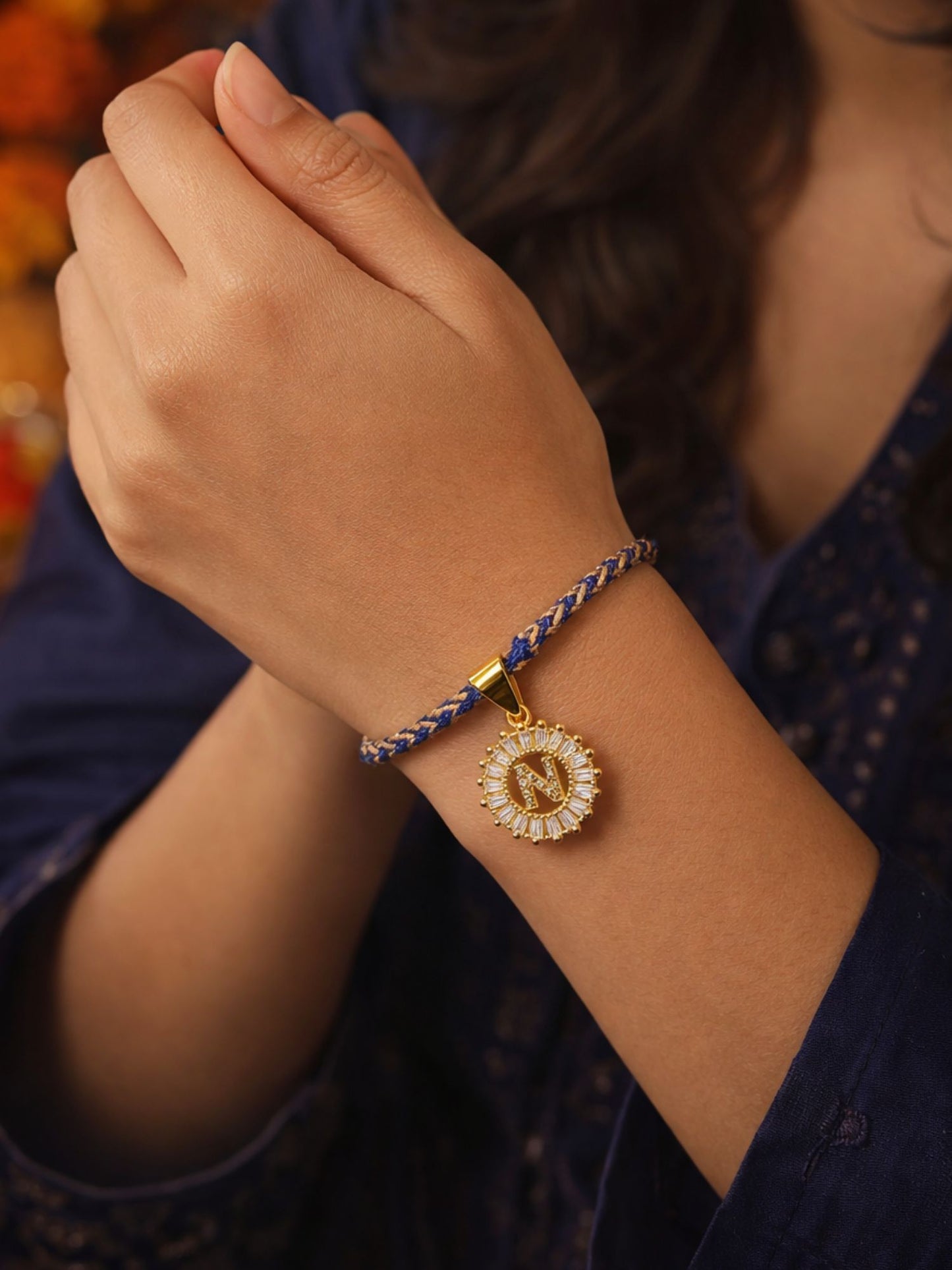 A TO Z Alphabet American Diamond Charm Initial Name Lumba Rakhi Bracelet For Bhaiya Bhabhi